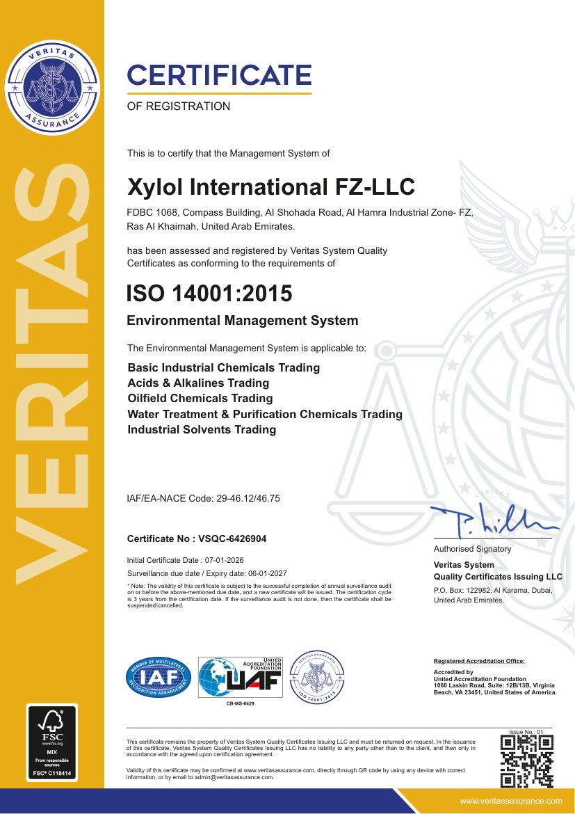 ISO 14001:2015 certificate of registration for Xylol International FZ-LLC