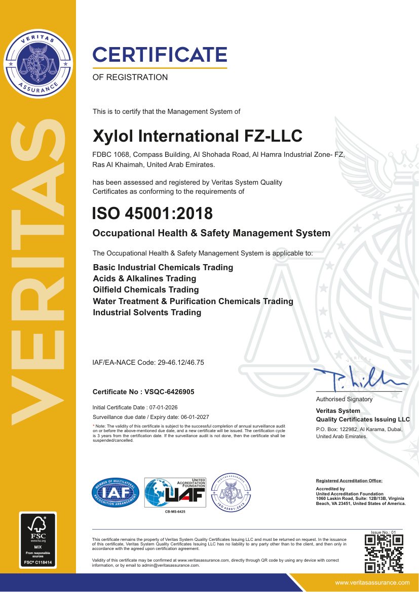 ISO 45001:2018 certificate of registration for Xylol International FZ-LLC